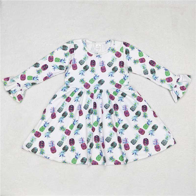 9.30 RTS NO MOQ（In stock）G6-1-7; Baby Girls Winter Dress White long-sleeved dress with colorful pineapple