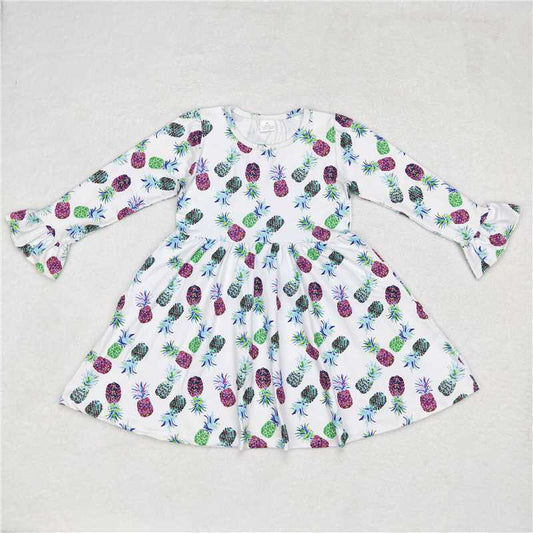 9.30 RTS NO MOQ（In stock）G6-1-7; Baby Girls Winter Dress White long-sleeved dress with colorful pineapple