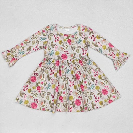 9.27 RTS NO MOQ（In stock）G6-1-7[ Baby Girls Winter Dress Pink green floral gray long-sleeved dress