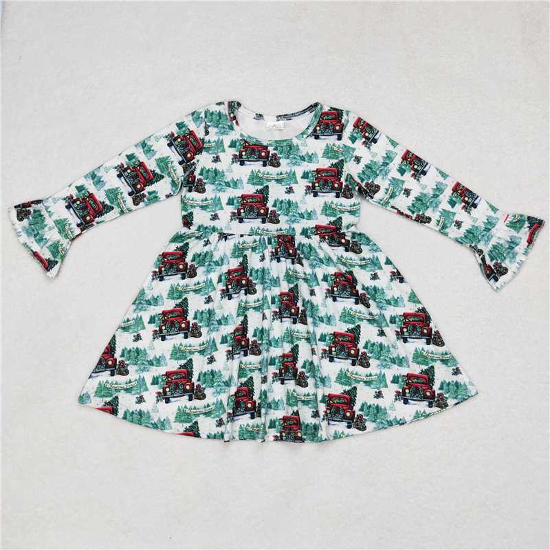 9.30 RTS NO MOQ（In stock）G6-1-7] Baby Girls Winter Dress Red Truck Tree White Long Sleeve Dress