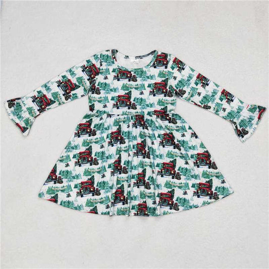 9.30 RTS NO MOQ（In stock）G6-1-7] Baby Girls Winter Dress Red Truck Tree White Long Sleeve Dress