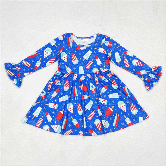 9.30 RTS NO MOQ（In stock）G6-1-7.. Baby Girls Winter Dress Ice Cream Star Blue Long Sleeve Dress