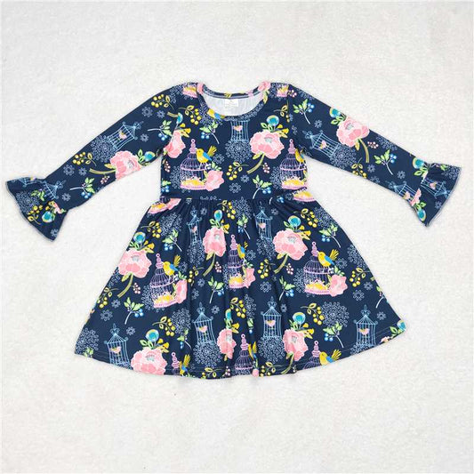 9.30 RTS NO MOQ（In stock）G6-1-7// Baby Girls Winter Dress Pink Flower Birdcage Navy Blue Long Sleeve Dress