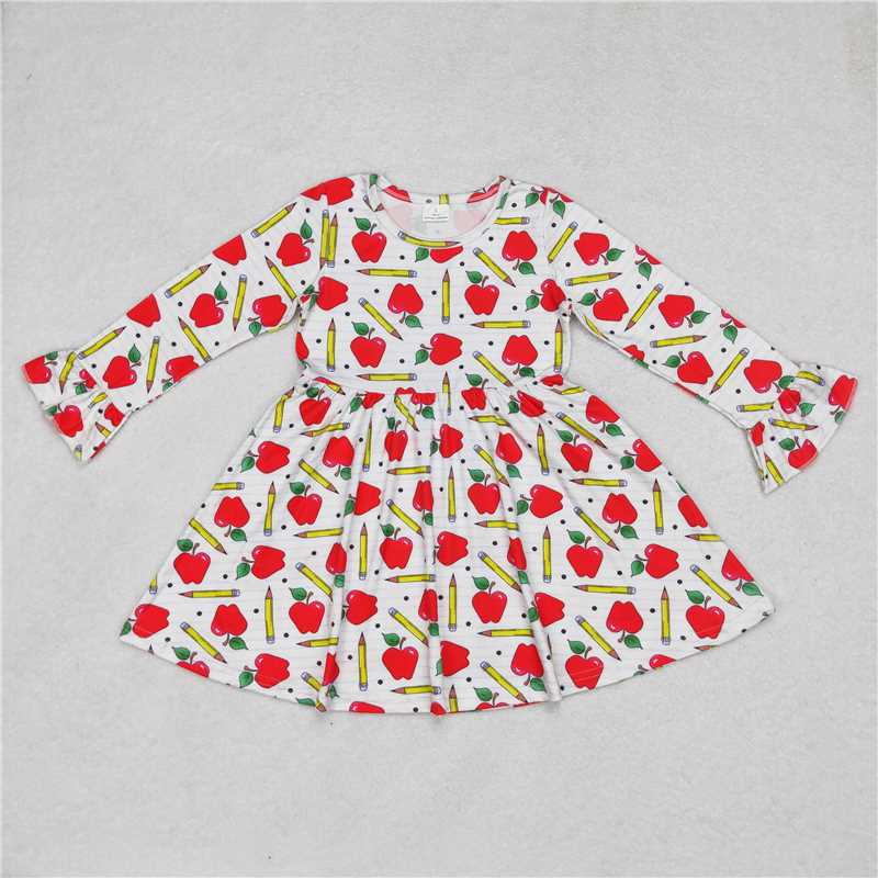 9.30 RTS NO MOQ（In stock）G6-1-7;; Baby Girls Winter Dress Apple Pencil Striped White Long Sleeve Dress