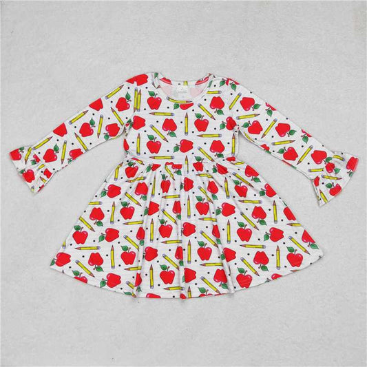 9.30 RTS NO MOQ（In stock）G6-1-7;; Baby Girls Winter Dress Apple Pencil Striped White Long Sleeve Dress