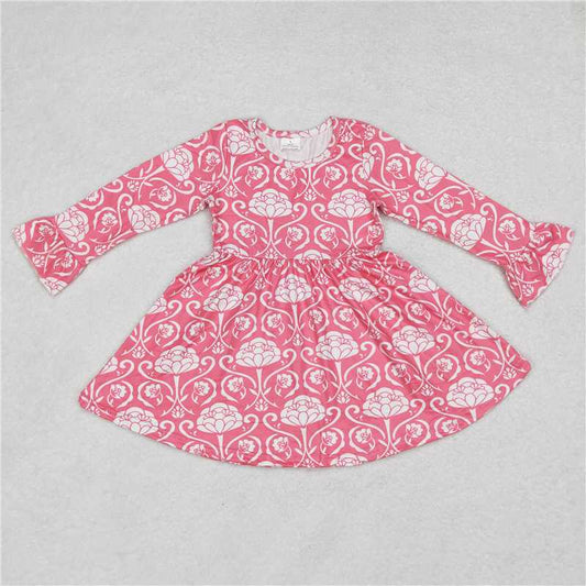 9.30 RTS NO MOQ（In stock）G6-1-7'' Baby Girls Winter Dress White pattern pink long-sleeved dress