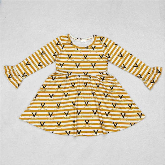 9.27 RTS NO MOQ（In stock）G6-1-7]] Baby Girls Winter Dress Yellow and white striped long-sleeved dress with letters