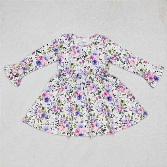 9.30 RTS NO MOQ（In stock）G6-1-7\\ Baby Girls Winter Dress Pink and purple floral white long-sleeved dress