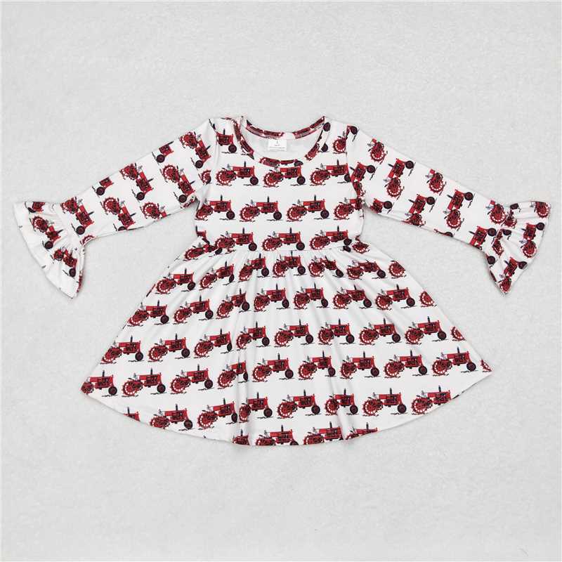 9.27 RTS NO MOQ（In stock）G6-1-7... Baby Girls Winter Dress Red Truck White Long Sleeve Dress