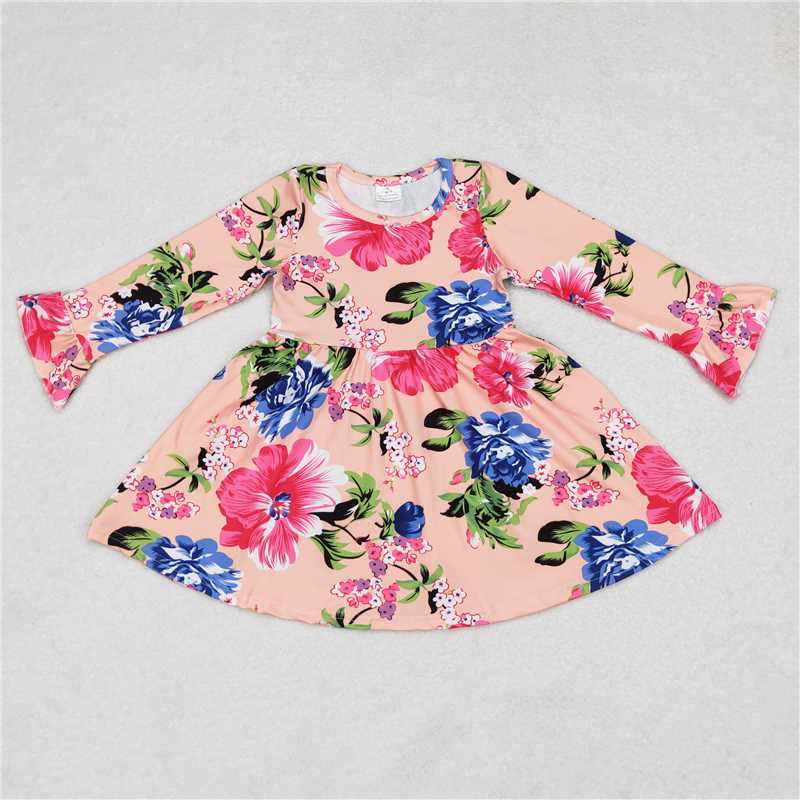 9.30 RTS NO MOQ（In stock）G6-1-6 Baby Girls Winter Dress Powder blue floral lotus pink long-sleeved dress