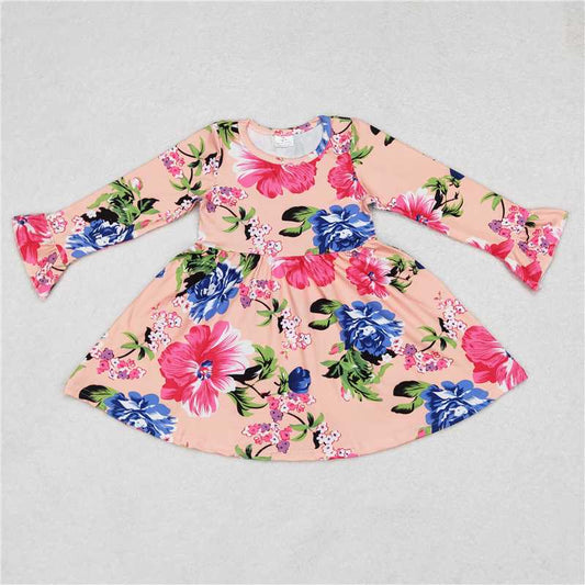 9.30 RTS NO MOQ（In stock）G6-1-6 Baby Girls Winter Dress Powder blue floral lotus pink long-sleeved dress