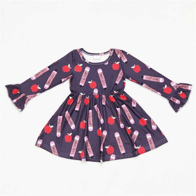 9.27 RTS NO MOQ（In stock）G6-1-6, Baby Girls Winter Dress Leopard Print Pencil Apple Dark Brown Long Sleeve Dress