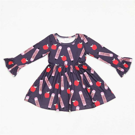 9.27 RTS NO MOQ（In stock）G6-1-6, Baby Girls Winter Dress Leopard Print Pencil Apple Dark Brown Long Sleeve Dress