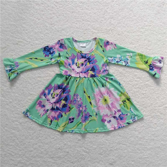 9.22 RTS NO MOQ（In stock）G6-1-6/ Baby Girls Winter Dress Purple blue floral green long-sleeved dress