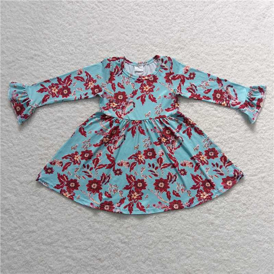 9.18 RTS NO MOQ（In stock）G6-1-6' Baby Girls Winter Dress Dark red floral blue long-sleeved dress
