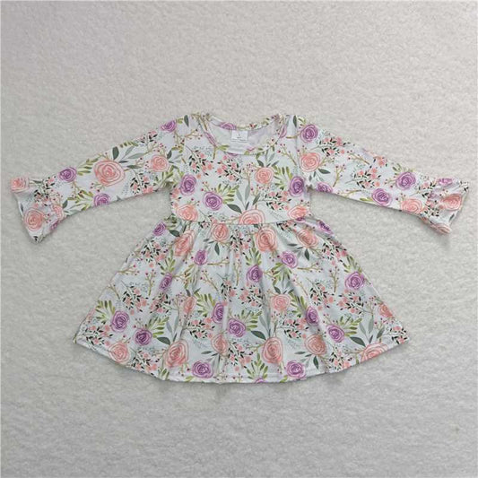 9.19 RTS NO MOQ（In stock）G6-1-6] Baby Girls Winter Dress Pink and purple floral white long-sleeved dress