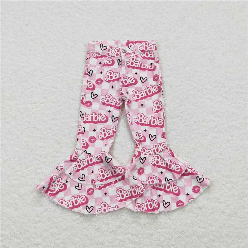 P0294  Baby Girls Pink Doll Valentines Checkered Hearts Denim Bell Flare Pants