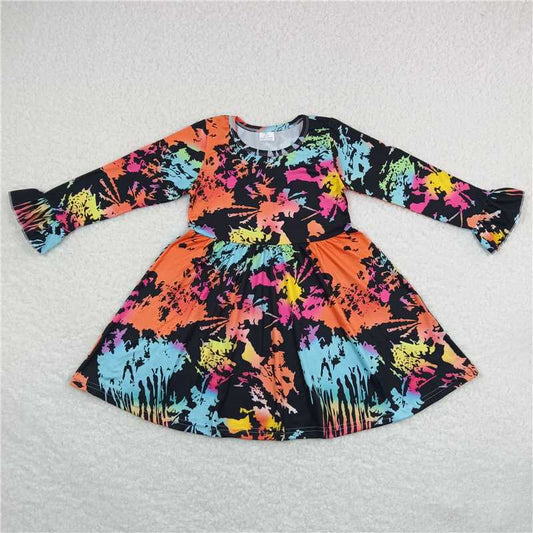 9.30 RTS NO MOQ（In stock）G6-1-5, Baby Girls Winter Dress Colorful tie-dye long-sleeved dress