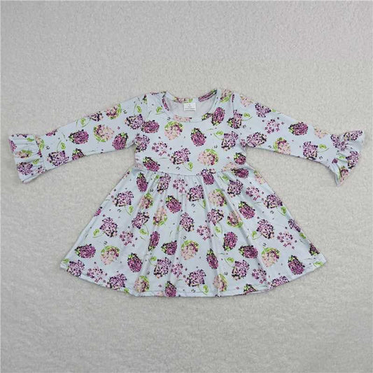 9.15 RTS NO MOQ （In stock）G6-1-5; Baby Girls Winter Dress Baby Girls long sleeve Pink purple flowers, green leaves and white knee-length Dresses