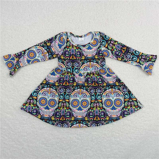 9.19 RTS NO MOQ（In stock）G6-1-5[ Baby Girls Winter Dress Skull colorful pattern long-sleeved dress