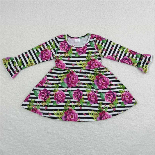 9.17 RTS NO MOQ（In stock）G6-1-5,, Baby Girls Winter Dress Baby Girls Purple flower and green leaf striped long-sleeved dress