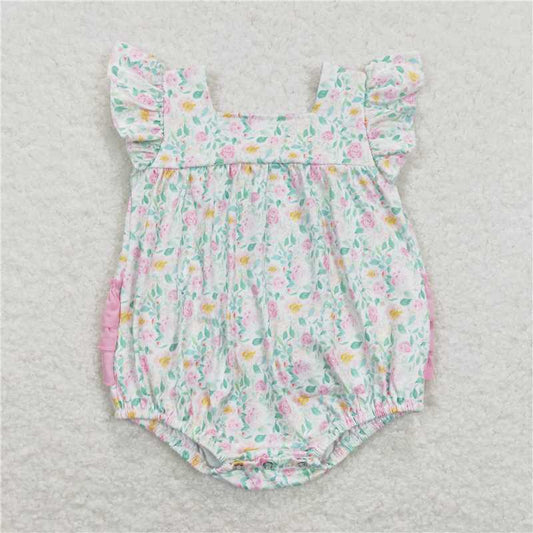 SR0805  Baby Infant Girls Pink Flowers Ruffles Rompers