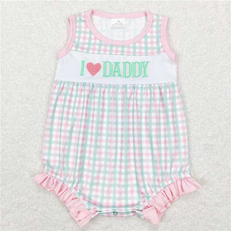SR0713 Baby Infant Girls I Love Daddy Pink Checkered Sleeveless Pockets Rompers
