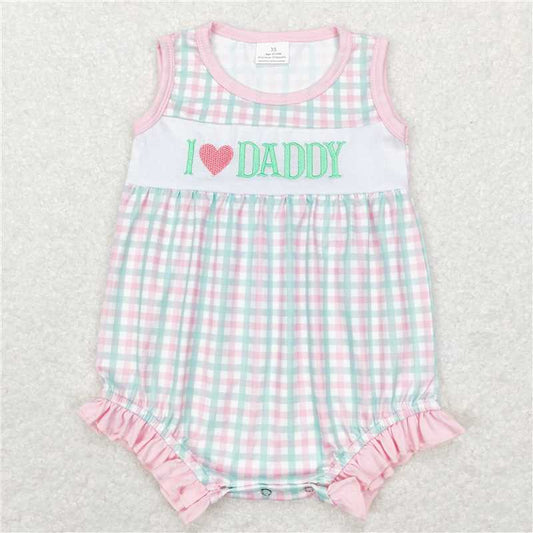 SR0713 Baby Infant Girls I Love Daddy Pink Checkered Sleeveless Pockets Rompers