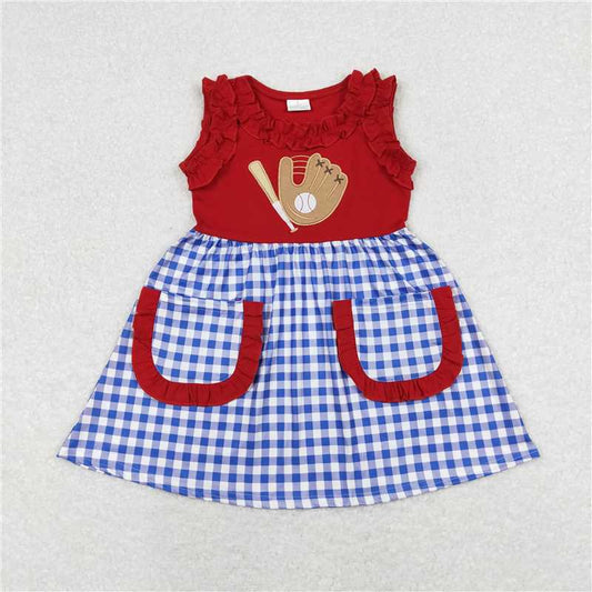 GSD0566  Red baseball blue pockets baby girls dresses