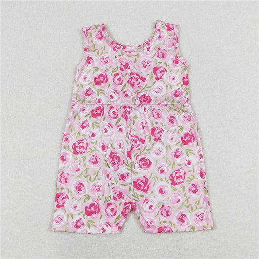 SR1127  Baby Girls Pink Floral Sleeveless Shorts Jumpsuits