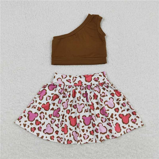 Baby Girls One Shoulder Top Brown Mouse Skirts Clothes Sets