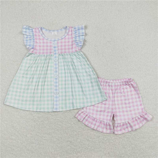 Baby Girls Green Pink Checkered Tunic Ruffle Shorts Clothes Sets