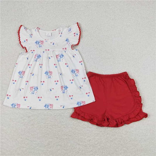 GSSO0797 4th of July Girl Puppy Star Fireworks White Fly Sleeve Red Shorts Suit