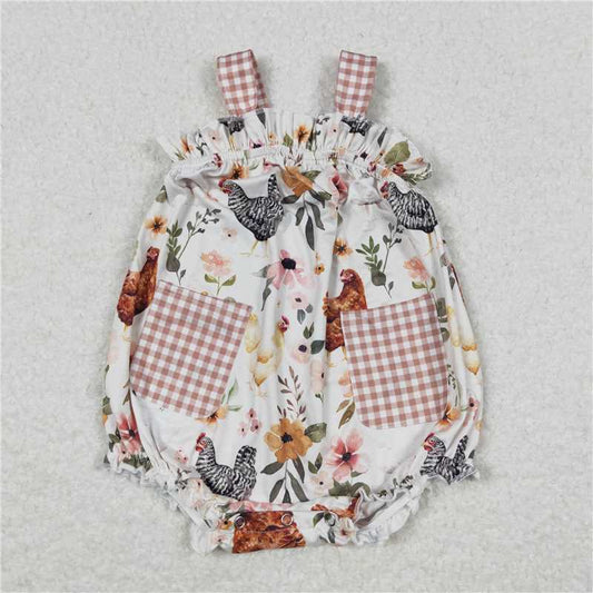 SR1073   Baby Infant Girls Chicken Flowers Pockets Rompers