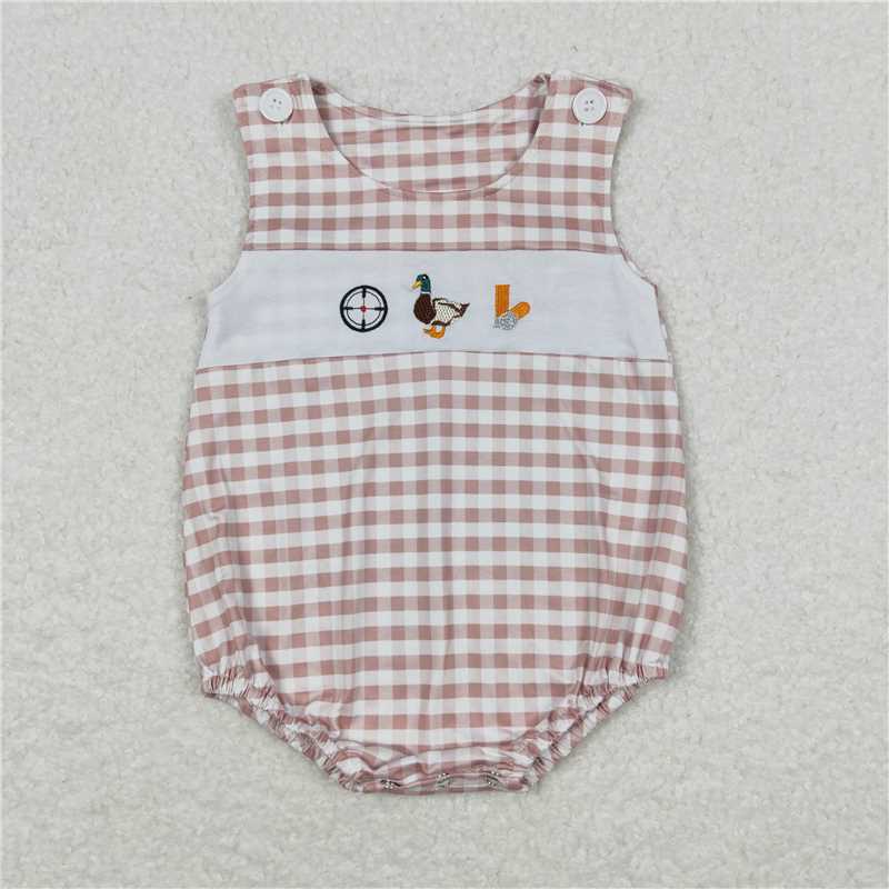 12.16 RTS NO MOQ （In stock）Matching SR1009 Baby Infant Boys Brown Checkered Duck Rompers