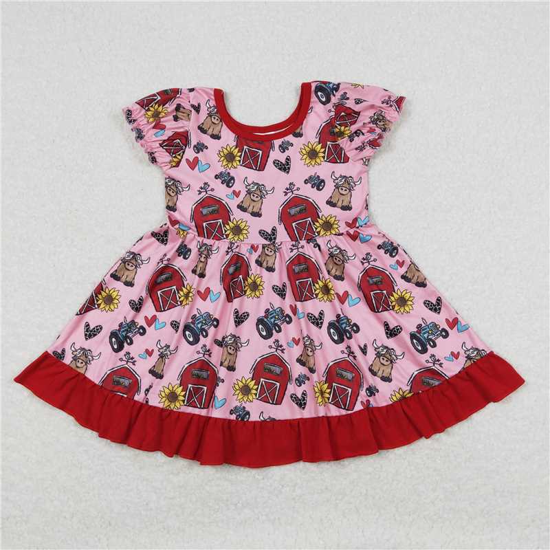 GSD1025  Short sleeves cows sunflower farm girls dresses