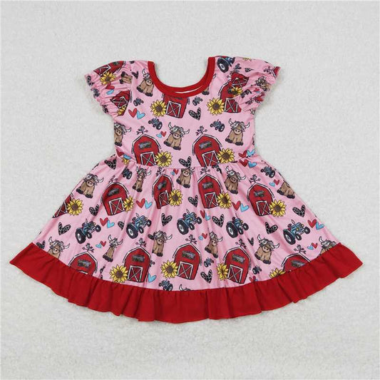GSD1025  Short sleeves cows sunflower farm girls dresses