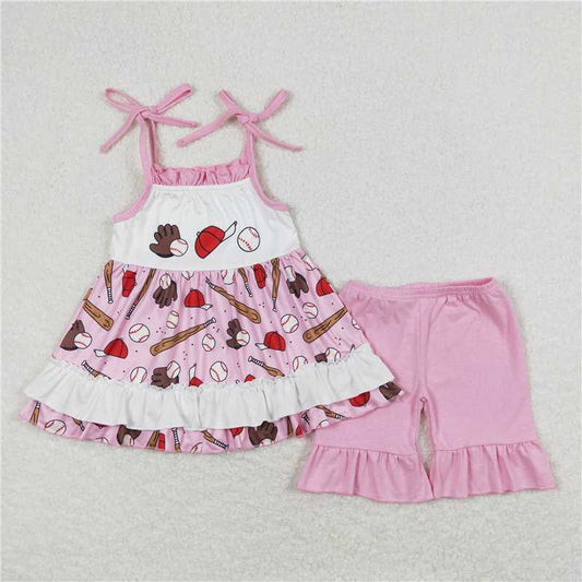 Baby Girls Pink Baseball Straps Tunic Top Ruffle Shorts Outfits Clothes Sets