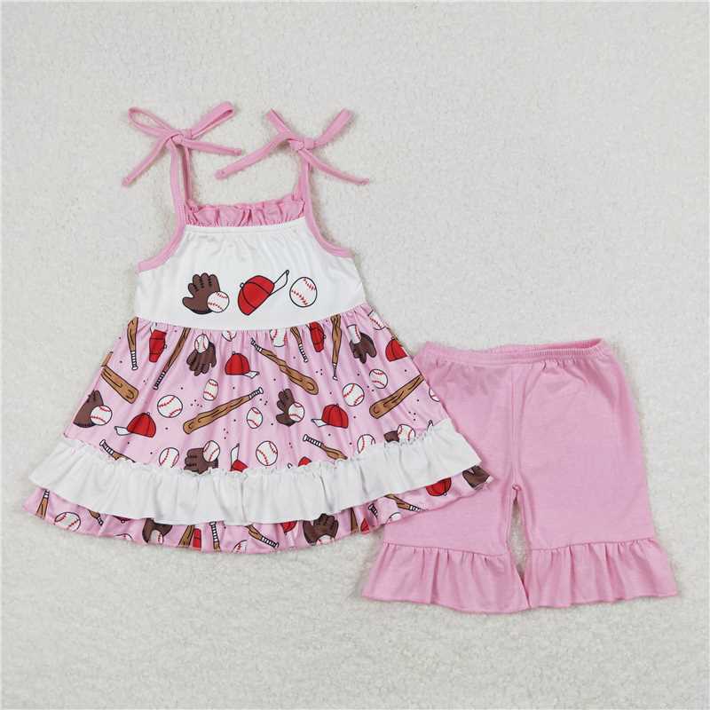 GSSO0794Pink straps baseball tunic ruffle shorts girls clothes