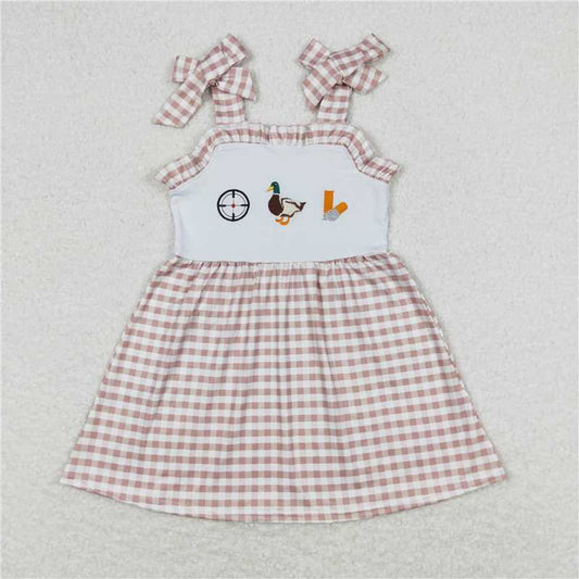 12.16 RTS NO MOQ （In stock）Matching GSD0817 Baby Girls Straps Duck Brown Checkered Knee Length Dresses