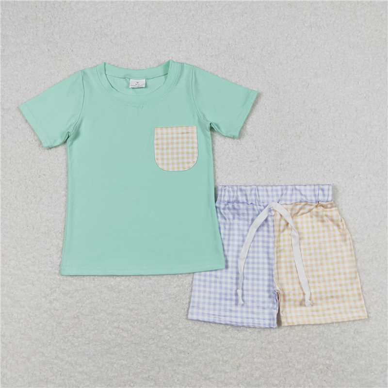 BSSO0680 Baby Boys Green Pocket Tee Shirt Checkered Shorts Clothes Sets