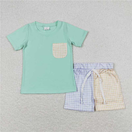 BSSO0680 Baby Boys Green Pocket Tee Shirt Checkered Shorts Clothes Sets