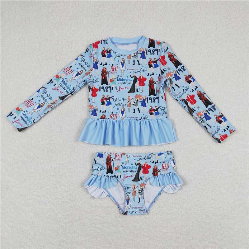Baby Girls Blue Sailboat Long Sleeve One-Piece Swimsuit for Infants