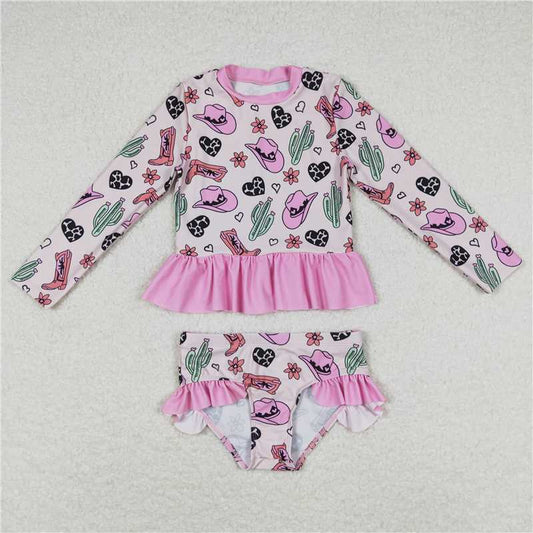 S0262   Baby Girls Pink Western Boots Cactus Long Sleeve Top Bummie Swimsuits