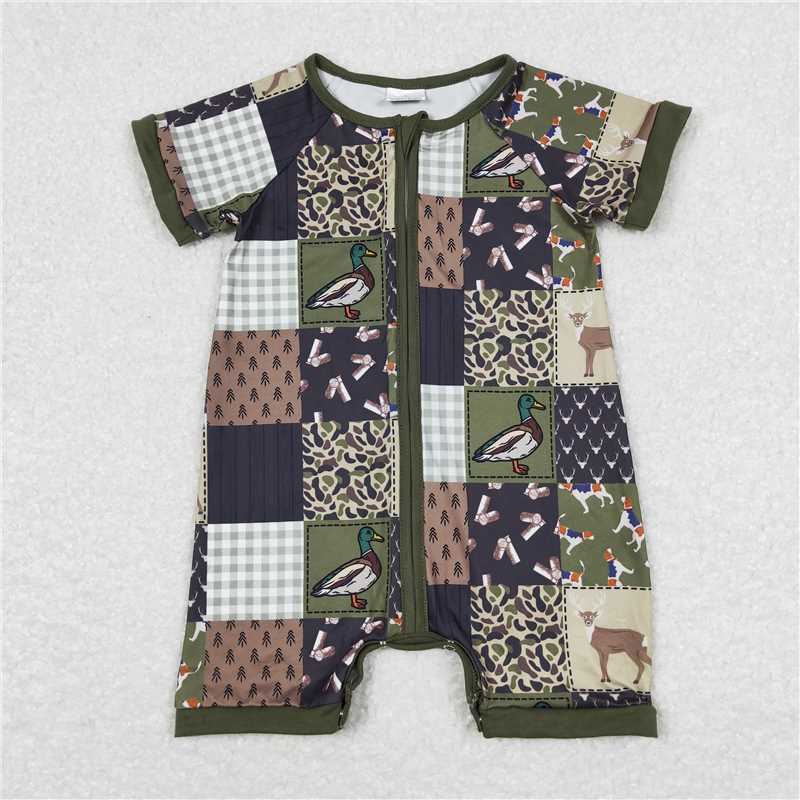 SR0902RTS NO MOQ Baby Boys Summer Rompers Olive duck dog deer patchwork baby boy romper