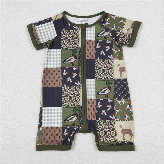 USA Warehouse (IN STOCK) SR0902 Olive duck dog deer patchwork baby boy romper