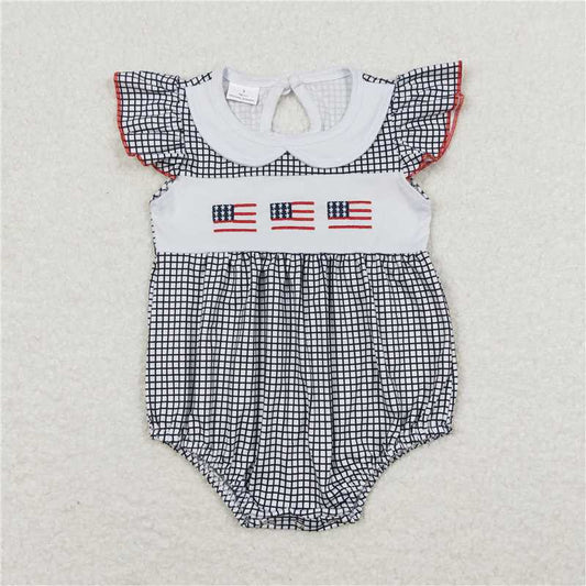 SR1000 Embroidery  Baby Infant Girls Black Checkered Flag 4th of July Rompers