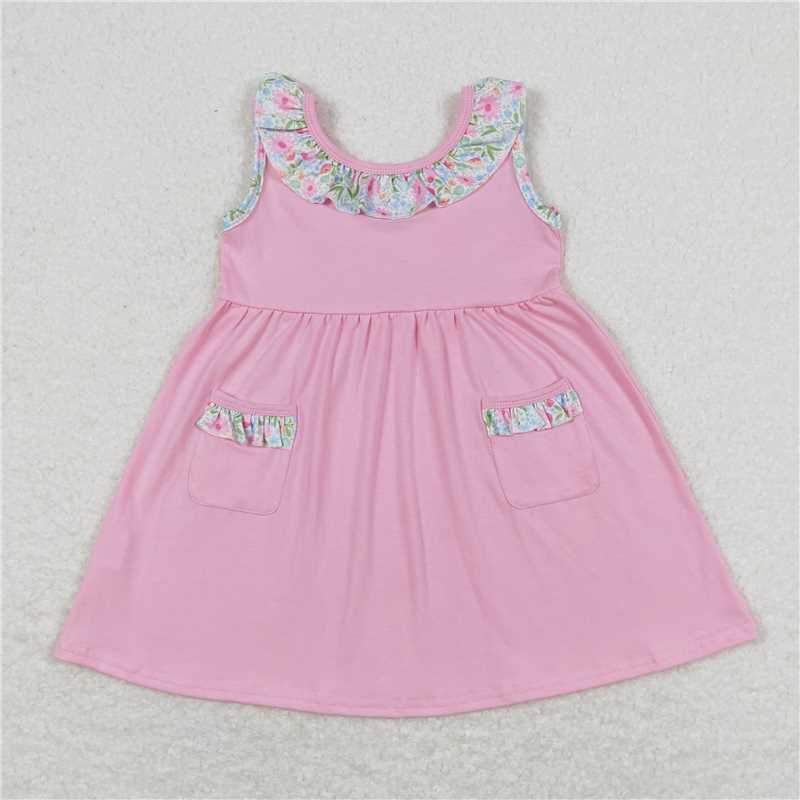 GSD0961  Pink floral sleeveless bow baby girls summer dress