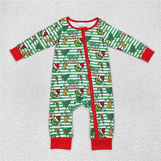 RTS LR1055 Grinch puppy Christmas tree green striped zipper long sleeve onesie