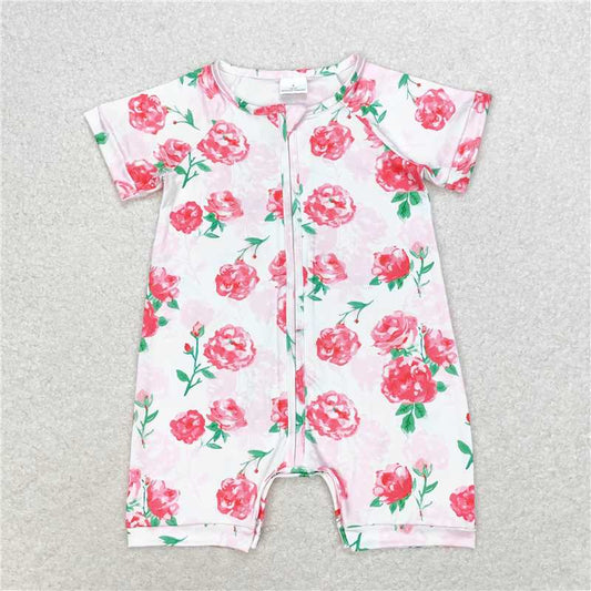 SR1768  Baby Infant Girls Bright Pink Flowers Zip Short Sleeve Rompers